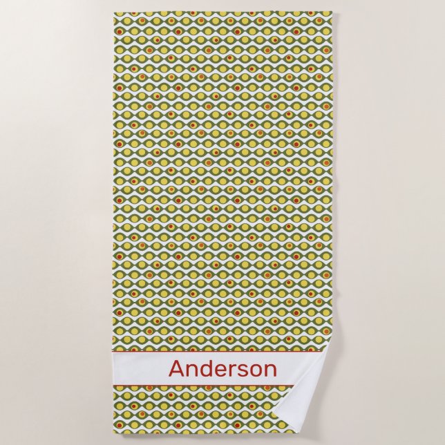 Funky Retro Olive Bead Custom Colors Pattern Beach Towel (Front)