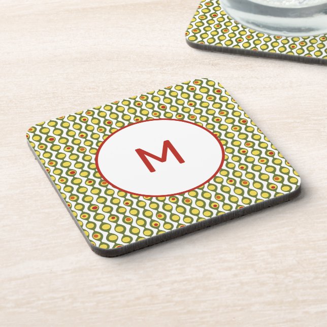 Funky Retro Olive Bead Custom Colors Pattern Beverage Coaster (Left Side)