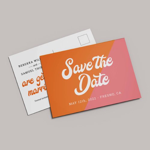 Funky Retro Orange Pink Wedding Save The Date Announcement Postcard