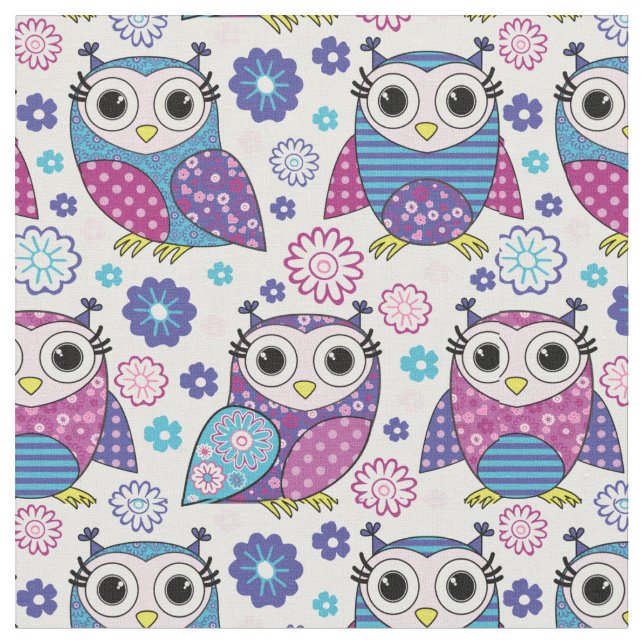 Funky Retro Owls Fabric (Close Up)