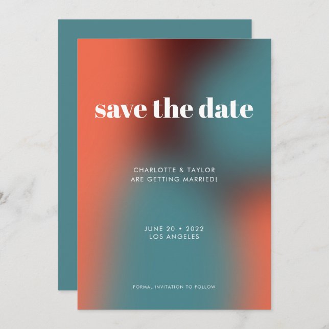Funky Retro Turquoise Orange Gradient Wedding  Save The Date (Front/Back)