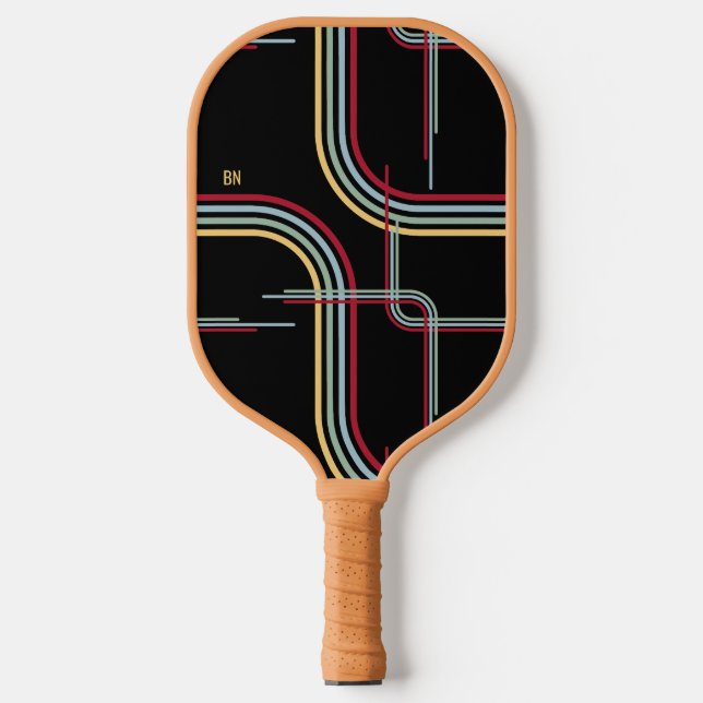 Funky Retro Wavy Stripes Red Blue Green Black Pickleball Paddle (Front)