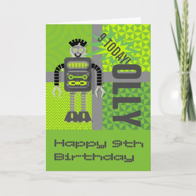 Funky Robot Name/Age Customizable Card (Front)