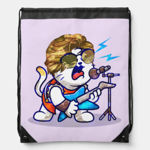 Funky Rockstar Cat – Cool Music Lover Kitty Drawstring Bag