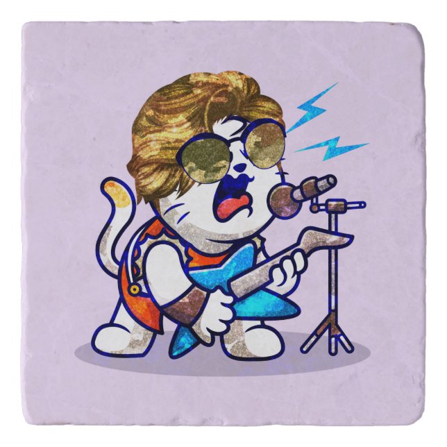 Funky Rockstar Cat – Cool Music Lover Kitty Trivet (Front)