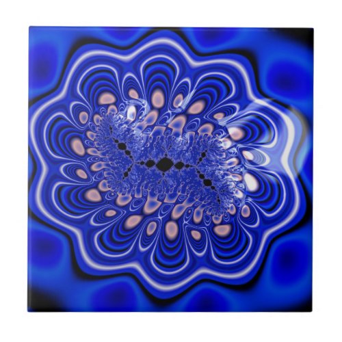 Funky Royal Blue Fractal Flower Abstract Art Ceramic Tile