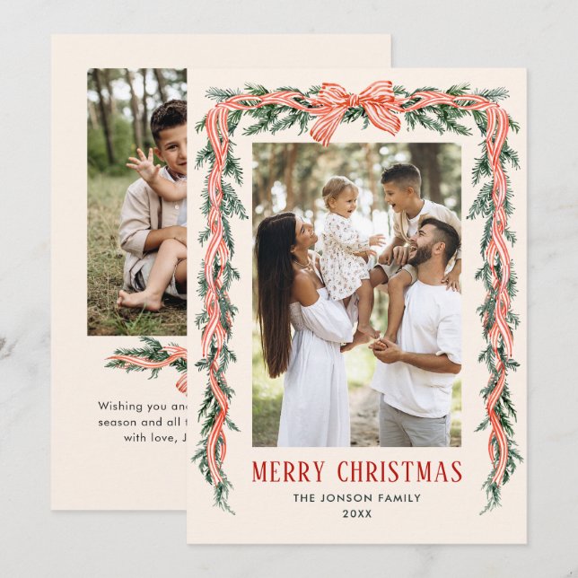 Funky Sage Green Christmas Bow Ribbon 2 Photo Holiday Card (Front/Back)