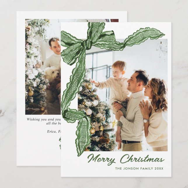 Funky Sage Green Christmas Bow Ribbon 2 Photo Holiday Card (Front/Back)