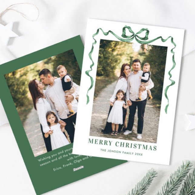 Funky Sage Green Christmas Bow Ribbon 2 Photo Holiday Card (Creator Uploaded)