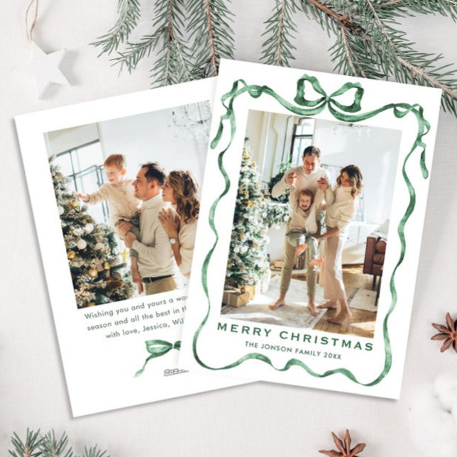 Funky Sage Green Christmas Bow Ribbon 2 Photo Holiday Card (Creator Uploaded)