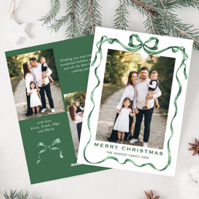 Funky Sage Green Christmas Bow Ribbon 3 Photo Holiday Card (Creator Uploaded)