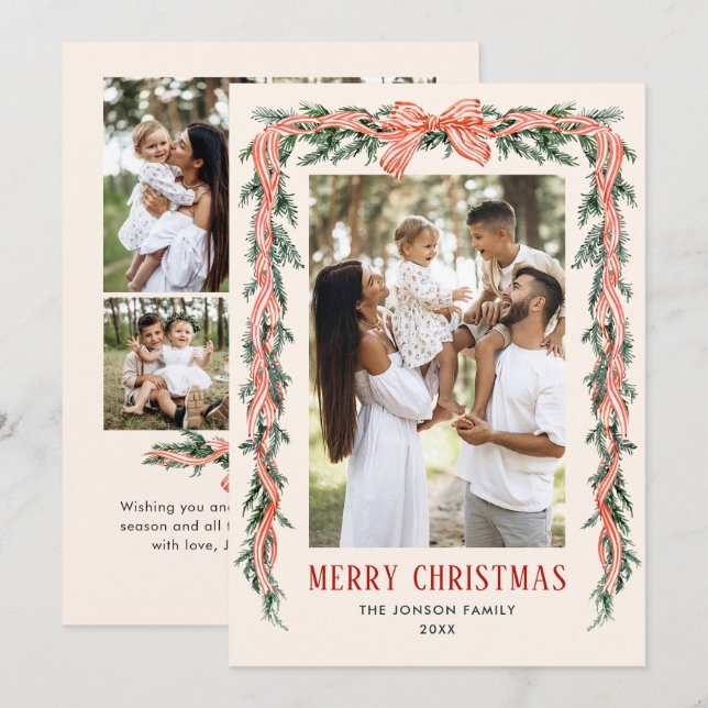 Funky Sage Green Christmas Bow Ribbon 5 Phot Holiday Card (Front/Back)