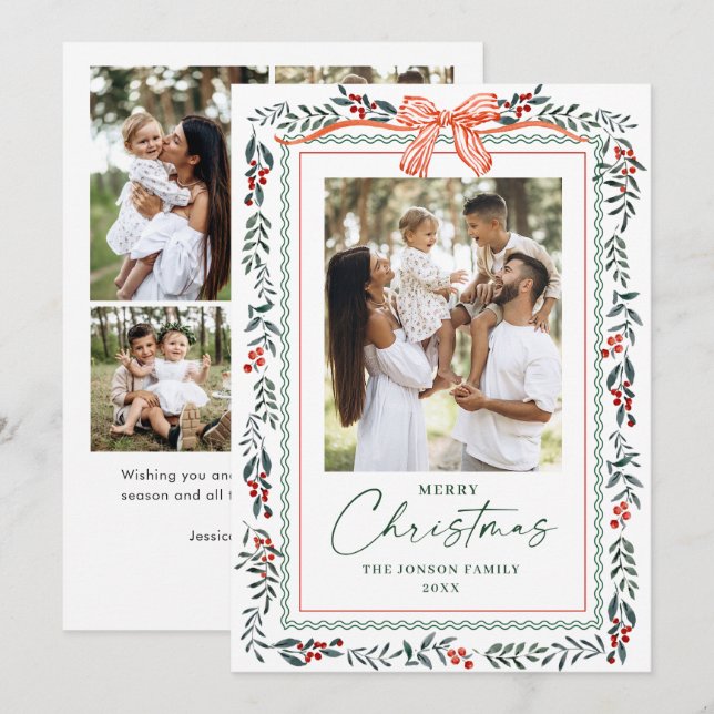 Funky Sage Green Christmas Bow Ribbon 5 Photo Holiday Card (Front/Back)