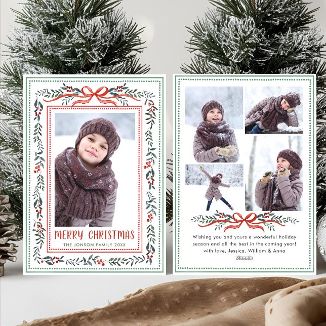 Funky Sage Green Christmas Bow Ribbon 5 Photo Holiday Card (Creator Uploaded)