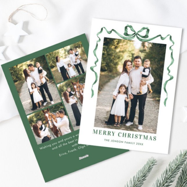 Funky Sage Green Christmas Bow Ribbon 5 Photo Holiday Card (Creator Uploaded)