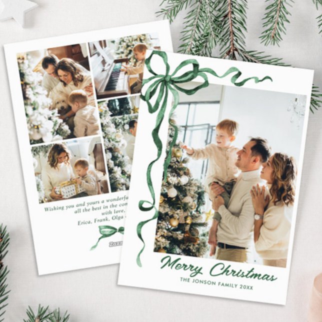 Funky Sage Green Christmas Bow Ribbon 5 Photo Holiday Card (Creator Uploaded)