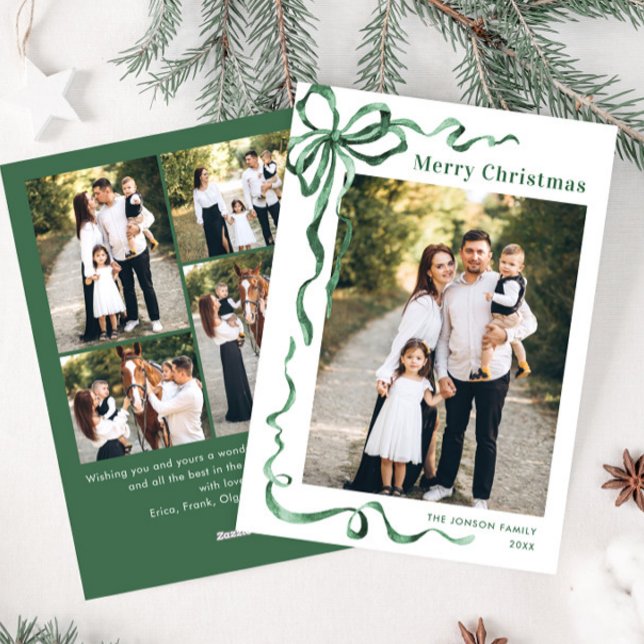 Funky Sage Green Christmas Bow Ribbon 5 Photo Holiday Card (Creator Uploaded)
