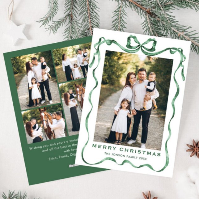 Funky Sage Green Christmas Bow Ribbon 5 Photo Holiday Card (Creator Uploaded)