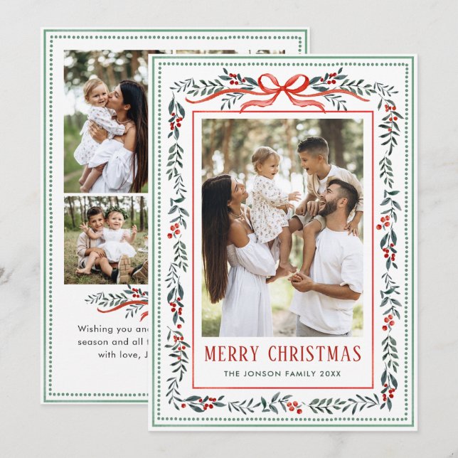 Funky Sage Green Christmas Bow Ribbon 5 Photo Holiday Card (Front/Back)