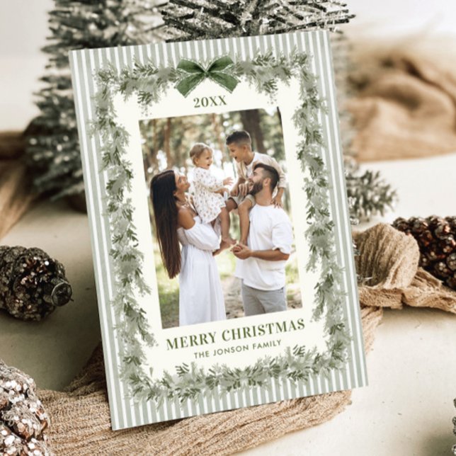 Funky Sage Green Pine Bow Frame Christmas 2 Photo Holiday Card (Creator Uploaded)