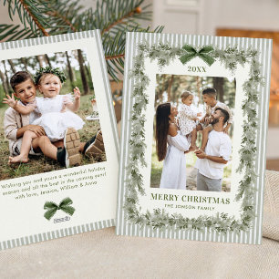 Funky Sage Green Pine Bow Frame Christmas 2 Photo Holiday Card