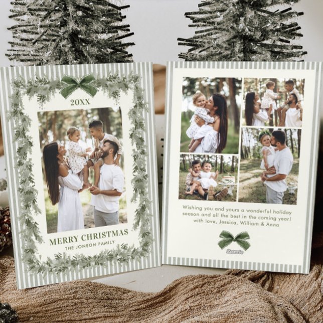 Funky Sage Green Pine Bow Frame Christmas 5 Photo Holiday Card (Creator Uploaded)