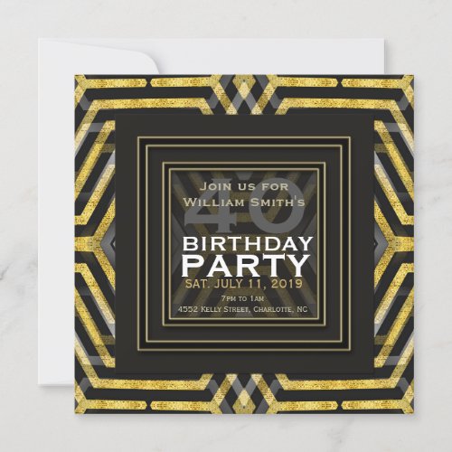 Funky Scifi Black Gold Geometry 40th Birthday Invitation