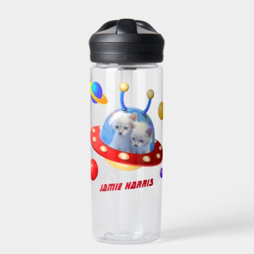 Funky SciFi Cats Outer Space Boys Astronaut UFO Water Bottle