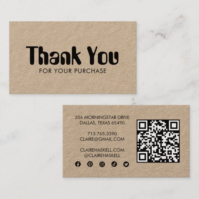 Funky Script Chic Kraft Order Thank You Minimal QR Business Card (Front/Back)