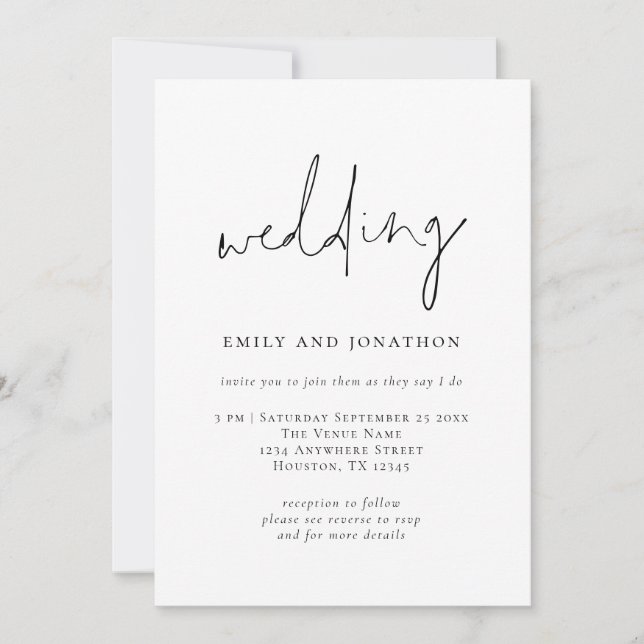 Funky Script QR Code Black White Wedding Invitation (Front)