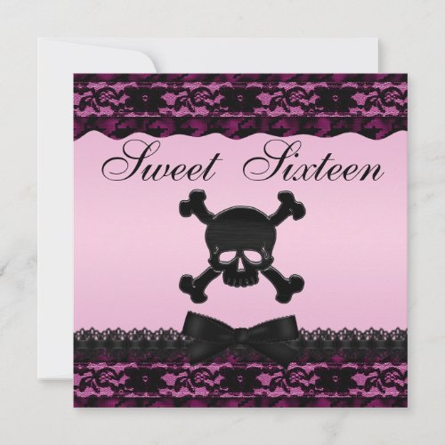 Funky Skull Black Printed Lace Pink Sweet 16 Invitation