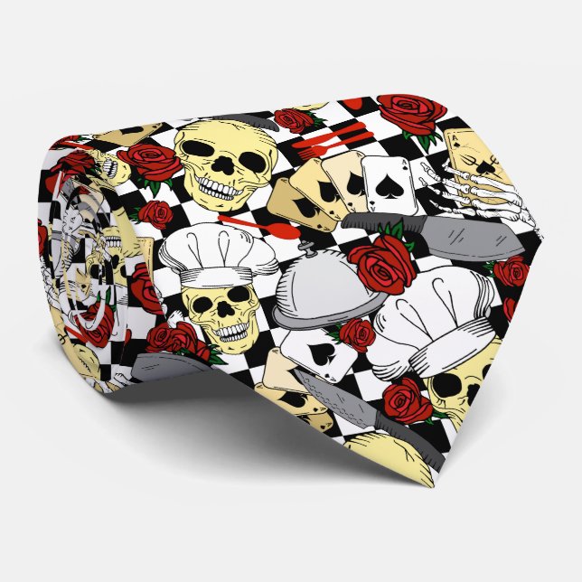 Funky Skulls Red Roses Checkered Chef Pattern Neck Tie (Rolled)