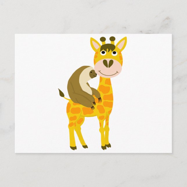Funky Sloth Riding a Giraffe Cartoon Postcard (Front)