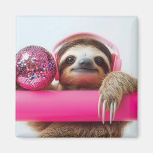 Funky Sloth with Pink Headphones and Disco Ball Magnet