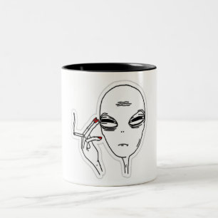 Funky Smoking Alien with Red Nails Two-Tone Coffee Mug