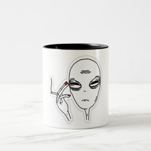 Funky Smoking Alien with Red Nails Two_Tone Coffee Mug