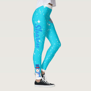 Funky Snowman and Your Name on LIGHT BLUE HOLIDAY Leggings