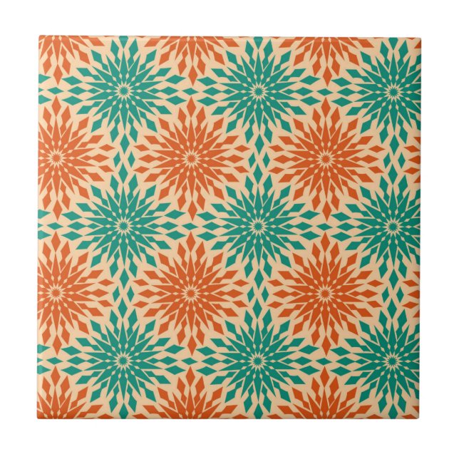 Funky Starburt Teal & Orange Design Ceramic Tile (Front)