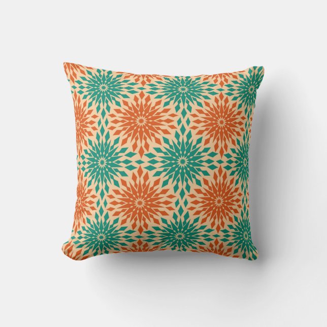 Funky Starburt Teal & Orange Design Throw Pillow (Front)