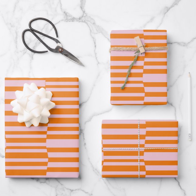Funky Stripes in Orange and Soft Pink Wrapping Paper Sheets (Front)