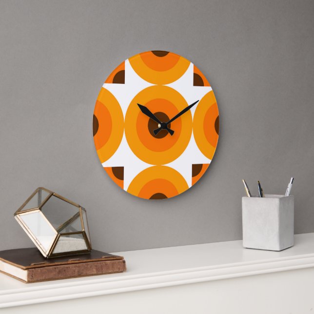 Funky Summer Orange Brown Circles Art Pattern Large Clock (Office)
