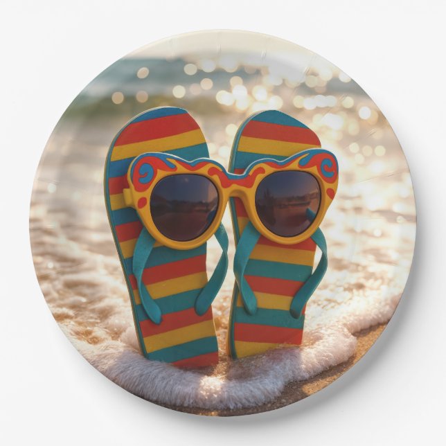 Funky Sunglasses On Flip-flops In Ocean Surf  Paper Plates (Front)
