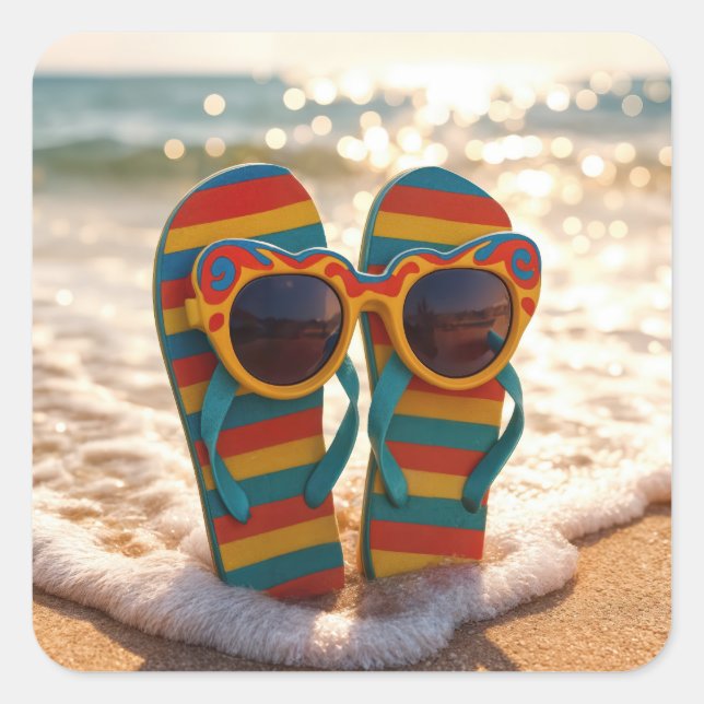 Funky Sunglasses On Flip-flops In Ocean Surf  Square Sticker (Front)