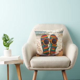 Funky Sunglasses On Flip-flops In Ocean Surf Throw Pillow