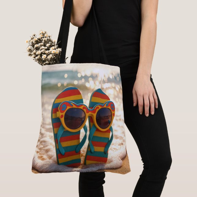 Funky Sunglasses On Flip-flops In Ocean Surf  Tote Bag (Close Up)
