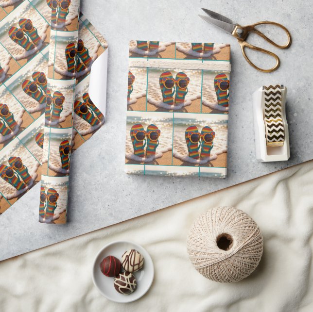 Funky Sunglasses On Flip-flops In Ocean Surf  Wrapping Paper (Crafts)