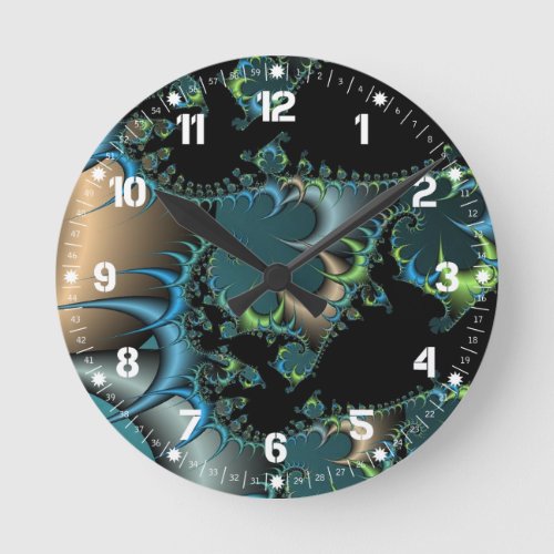 Funky Swirling Spirals Teal Black Fractal Art Round Clock