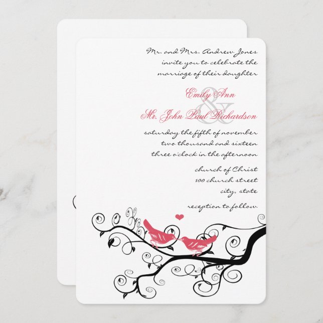 Funky Swirly Pink Love Bird Tree Wedding Invites (Front/Back)