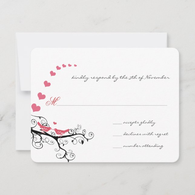 Funky Swirly Pink Love Bird Tree Wedding RSVP (Front)
