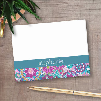 Funky Teal And Pink Floral Pattern - Add Name Post-it Notes by MarshBaby at Zazzle